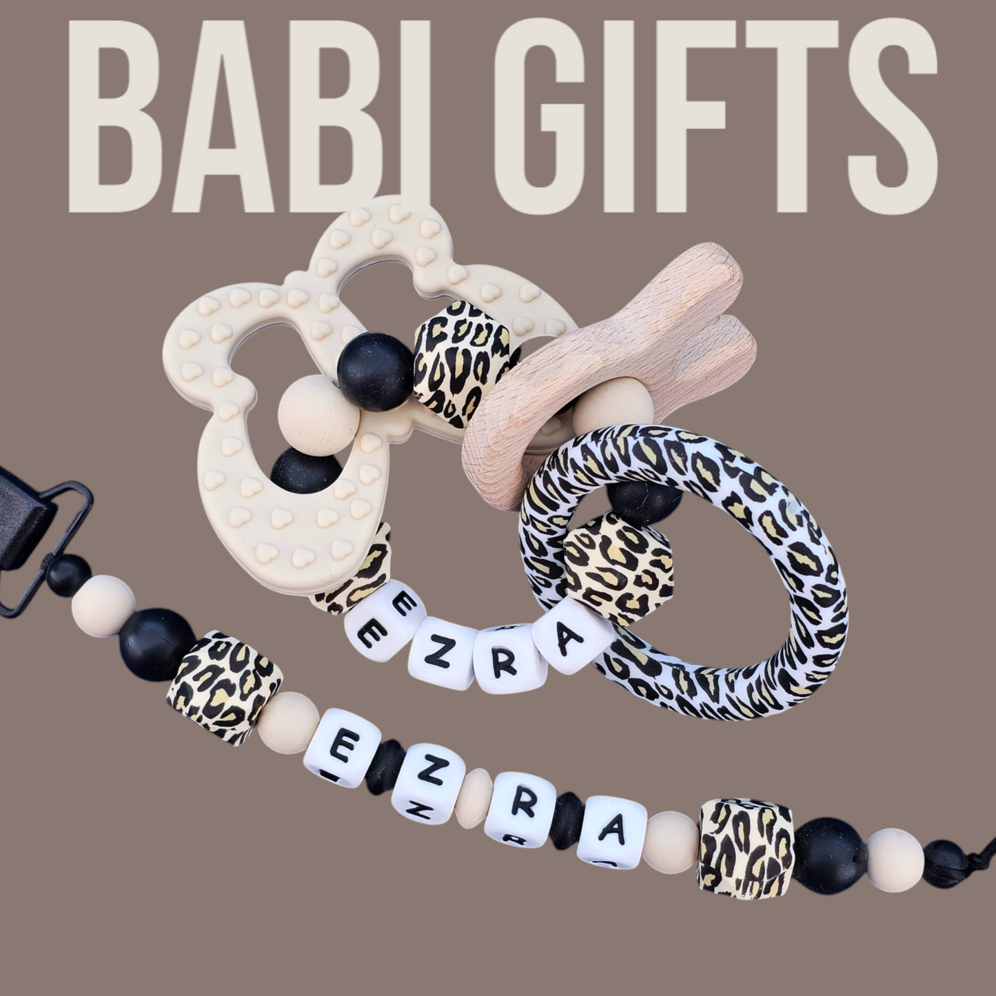 Leopard Luxe Dummy Clip & Rattle – Personalised Gift Set