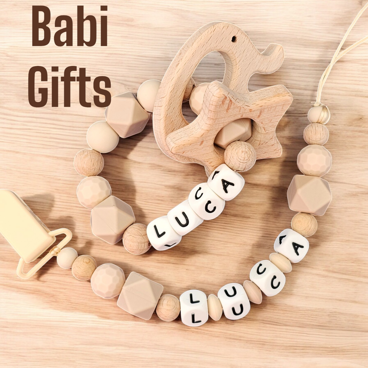Natural Dummy Clip & Rattle – Elegant Personalised Set