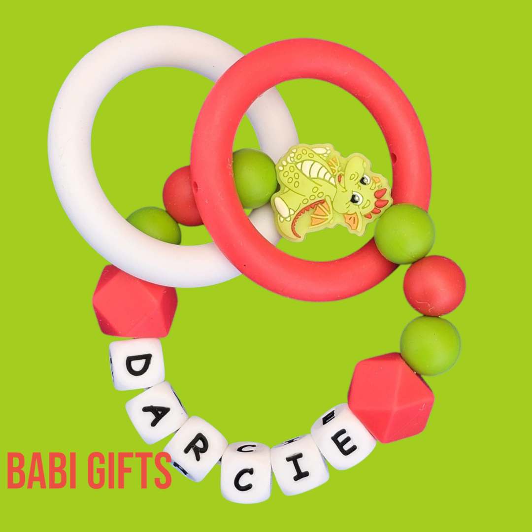 Red & Lime Dragon Dummy Clip & Teether – Personalised