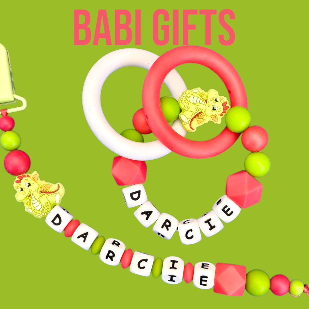 Personalised Roaring Red & Lime Dragon Dummy Clip & Teether Set