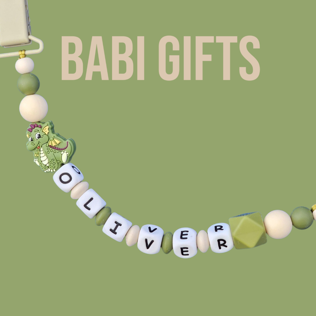 Olive Green Dragon Dummy Clip & Teether – Personalised