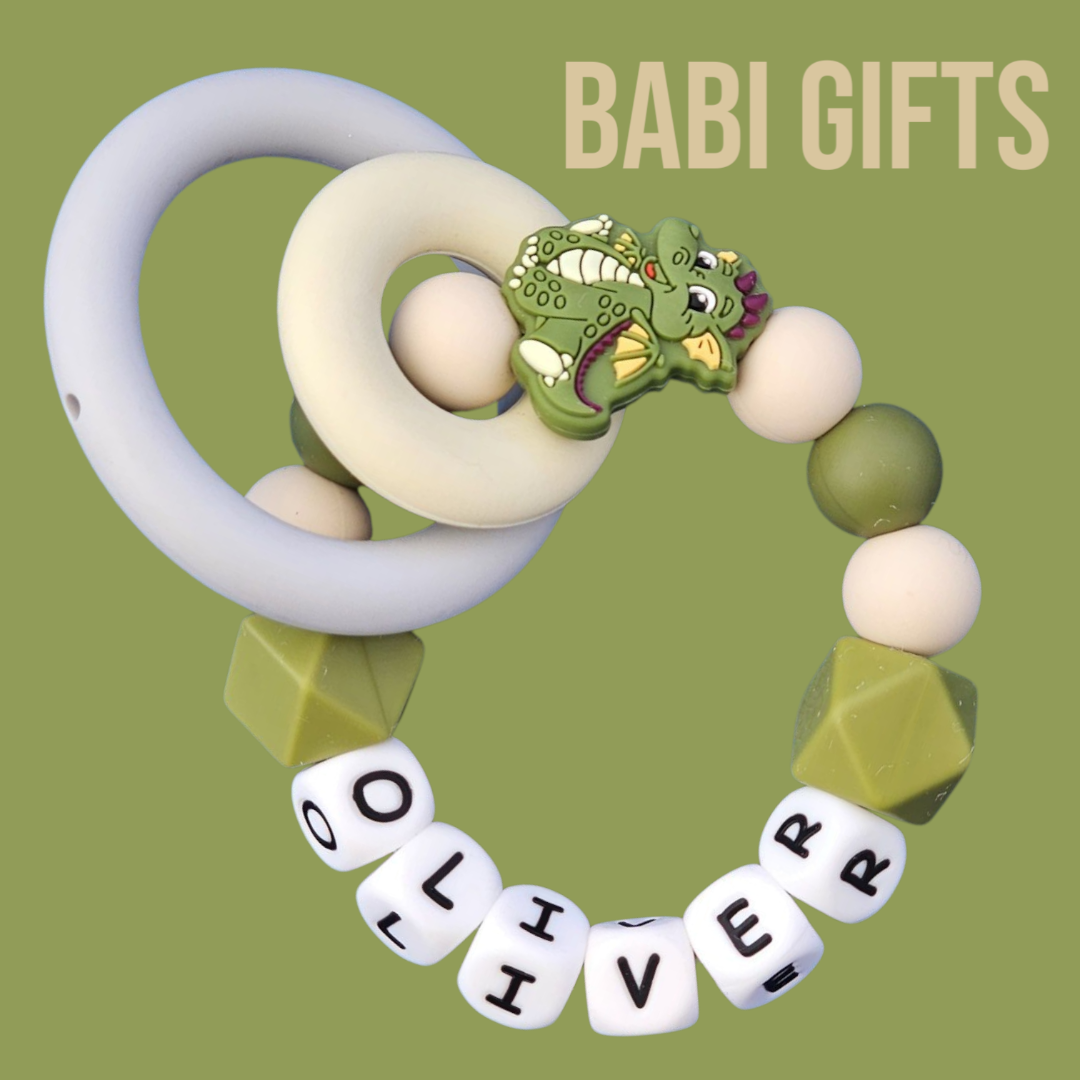 Olive Green Dragon Dummy Clip & Teether – Personalised