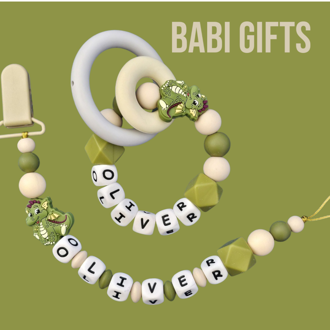 Olive Green Dragon Dummy Clip & Teether – Personalised