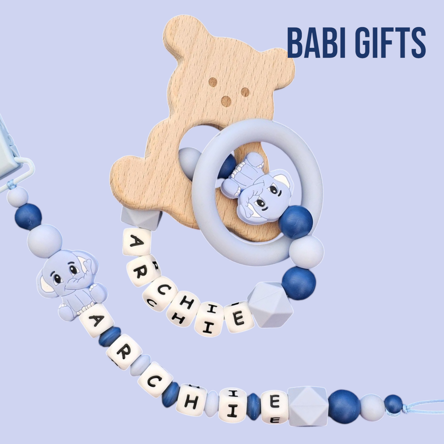 Blue Elephant Dummy Clip & Teether – Soft Blue Rattle Gift