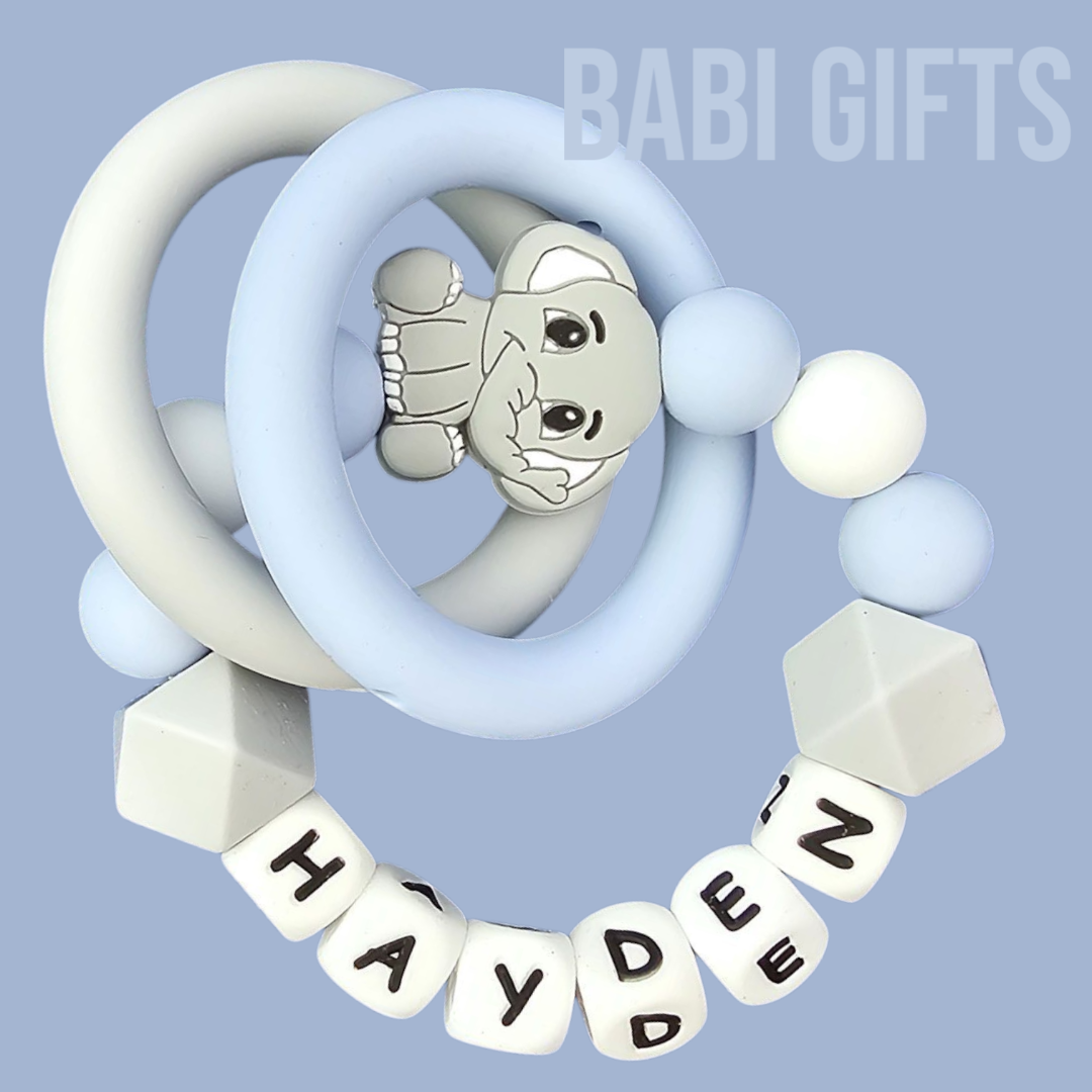 Blue Grey Elephant Dummy Clip & Teether Set – Personalised