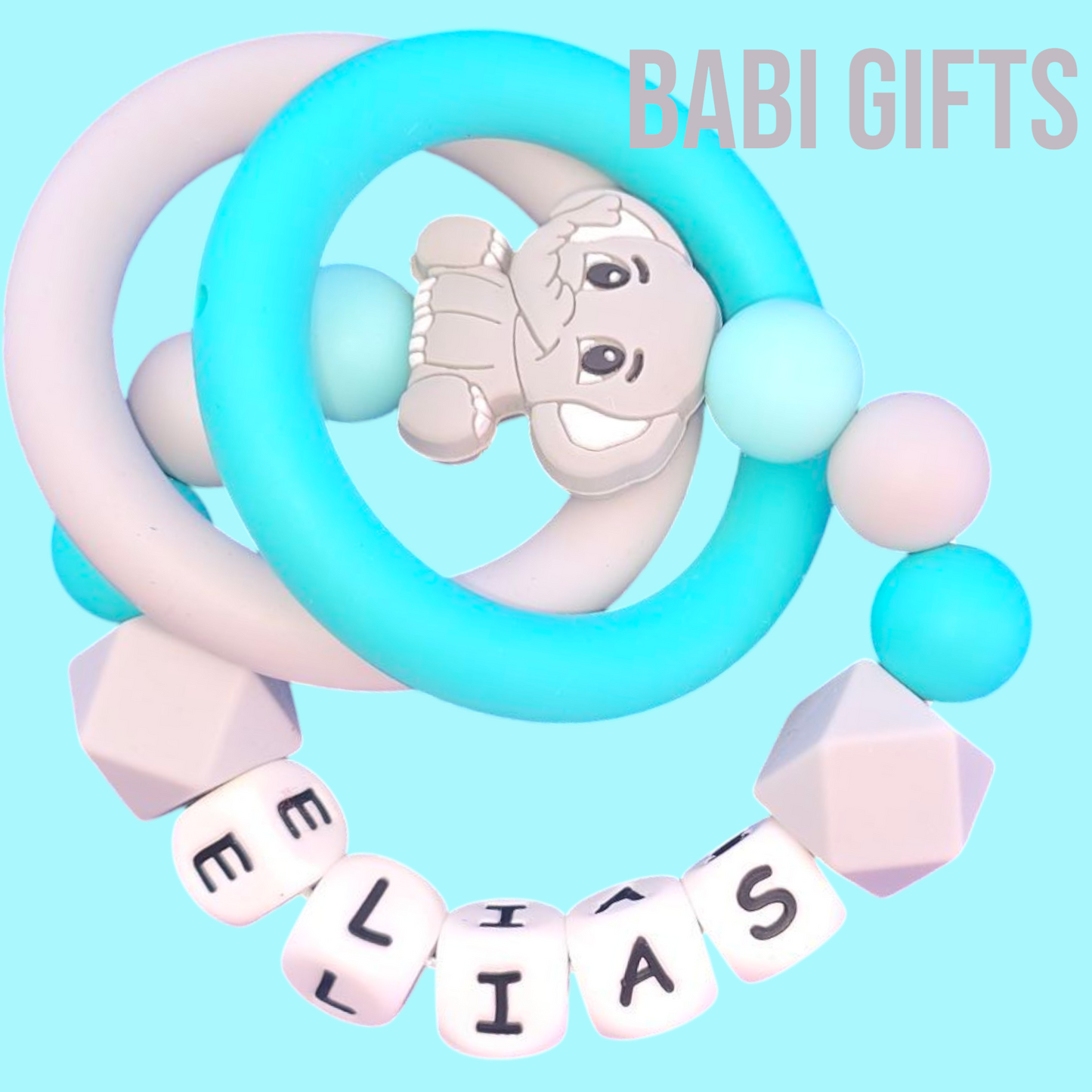 Elephant Dummy Clip & Teether – Personalised Baby Gift