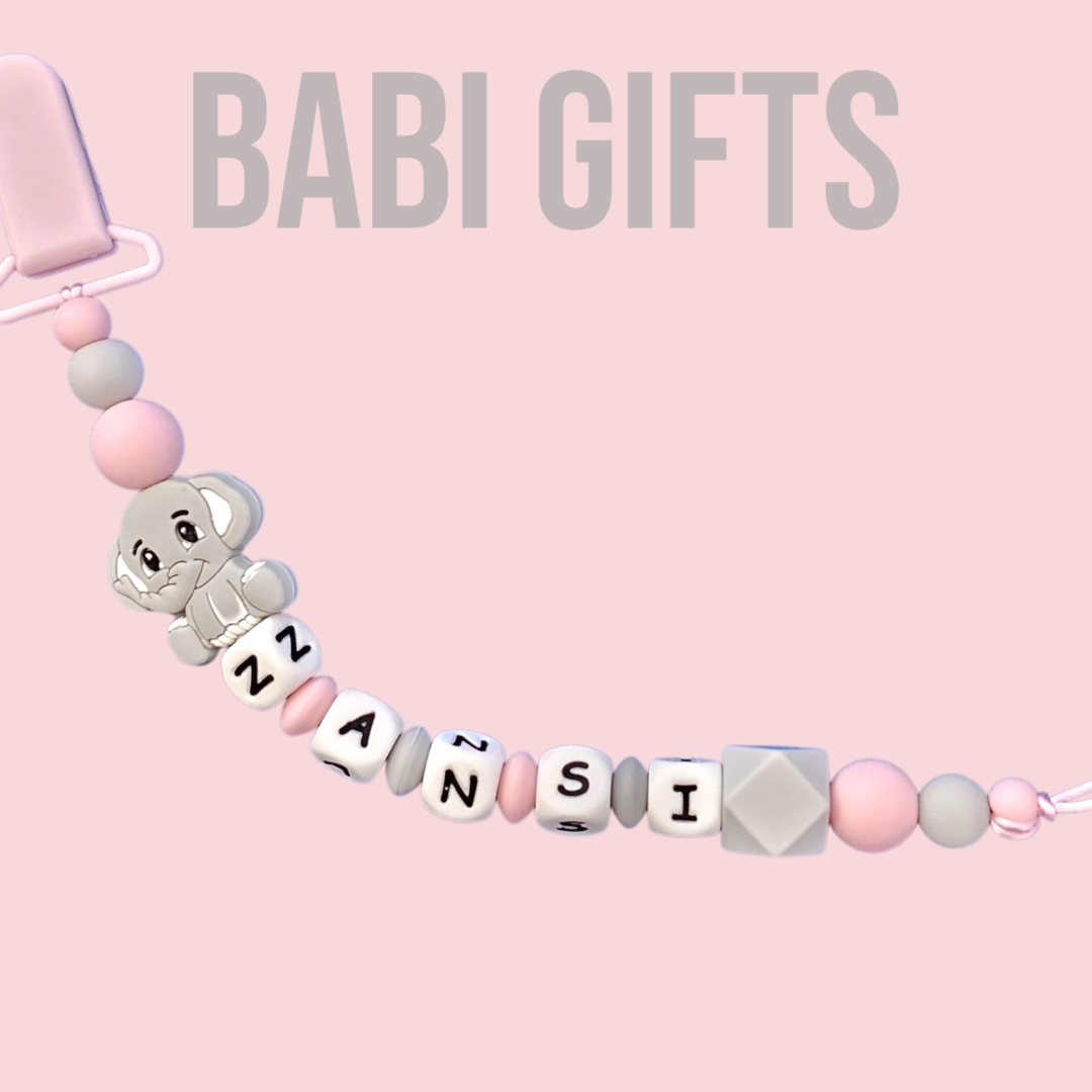 Grey & Pink Elephant Dummy Clip & Teether Set β Personalised
