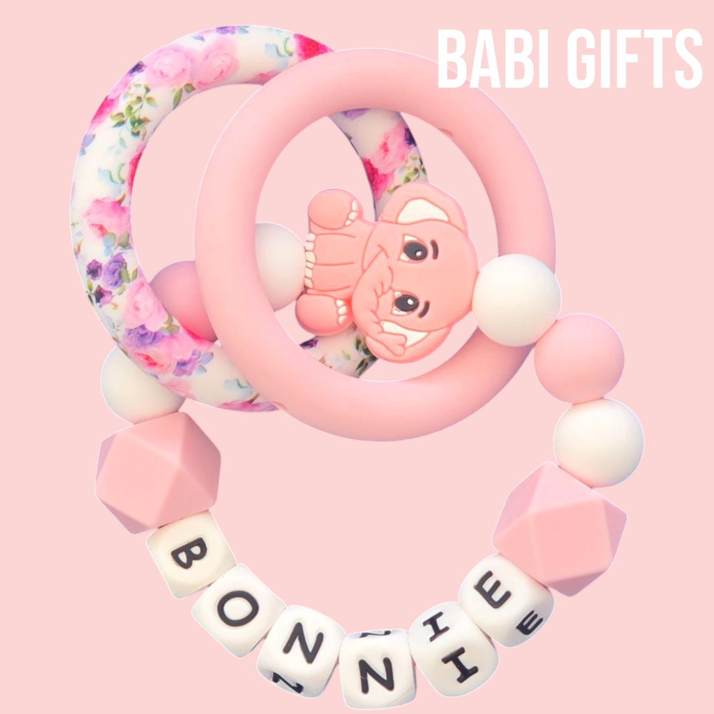 Pink Elephant Dummy Clip & Teether – Floral Accent Gift