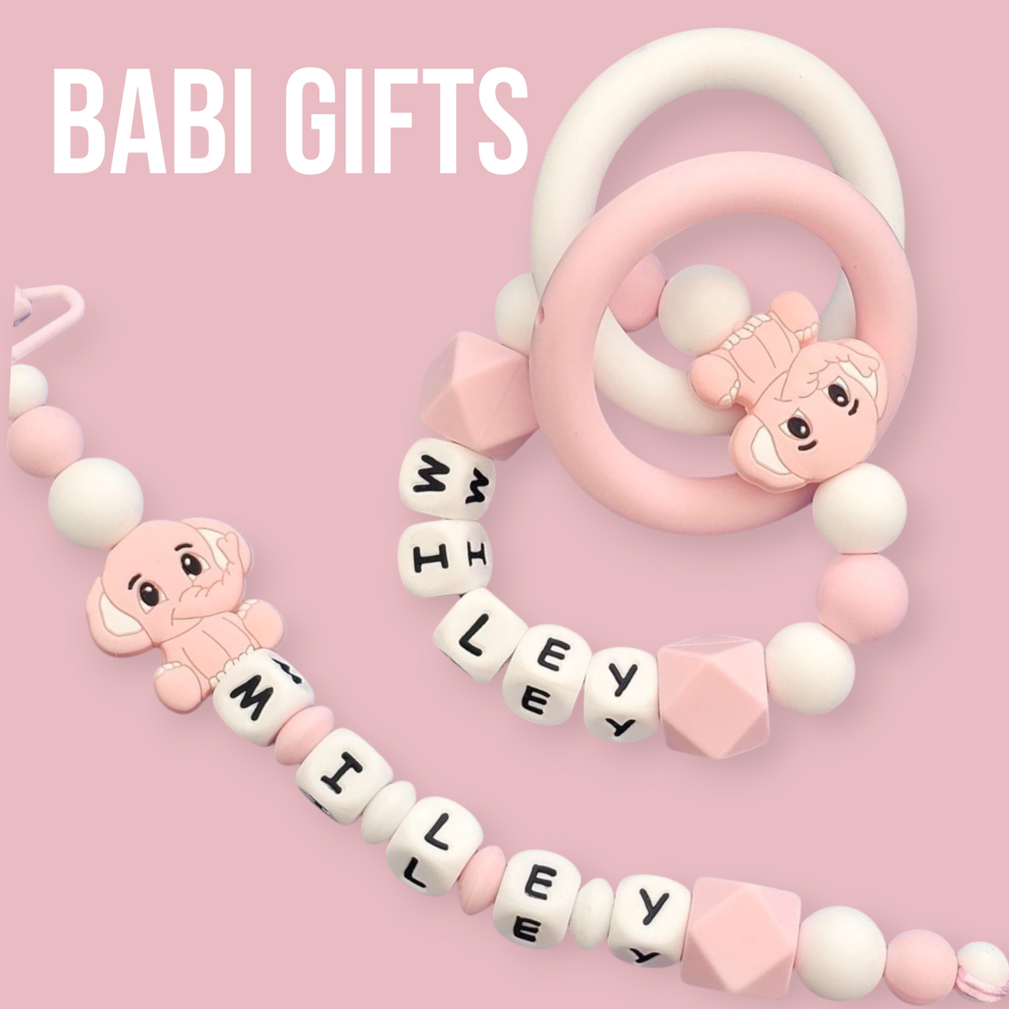 Elephant Dummy Clip – Pink & White Personalised Set