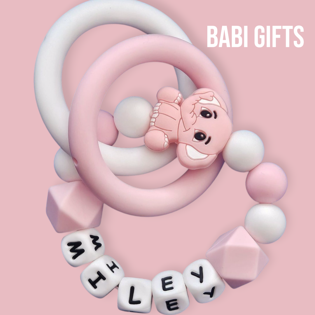 Elephant Dummy Clip – Pink & White Personalised Set