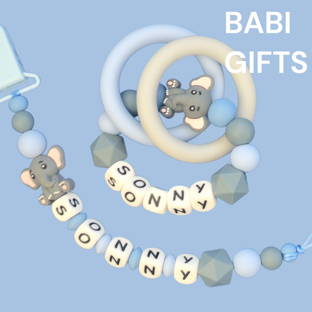Cute Elephant Dummy Clip and Teether Set – Personalised Baby Gift
