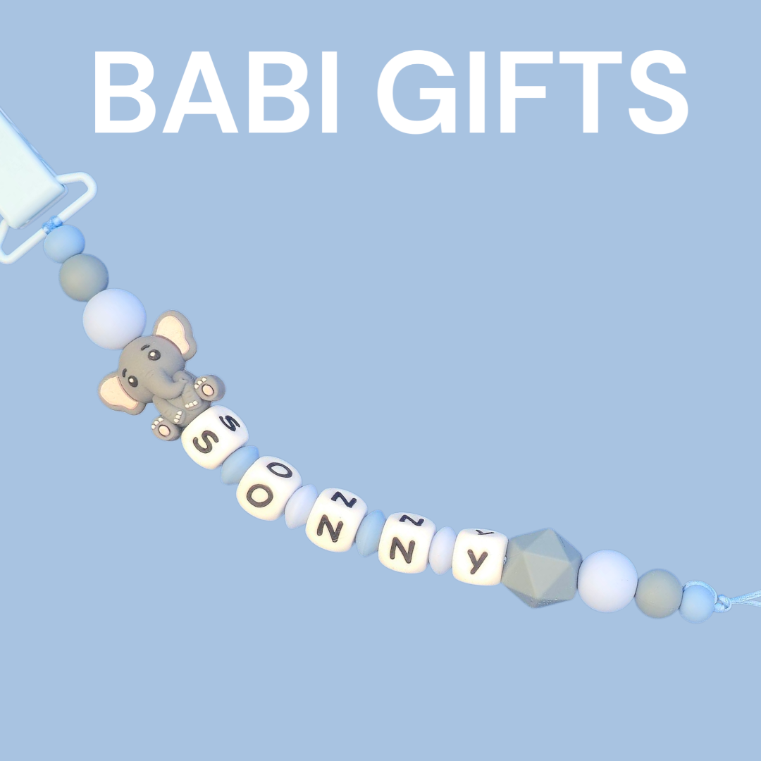 Cute Elephant Dummy Clip and Teether Set – Personalised Baby Gift