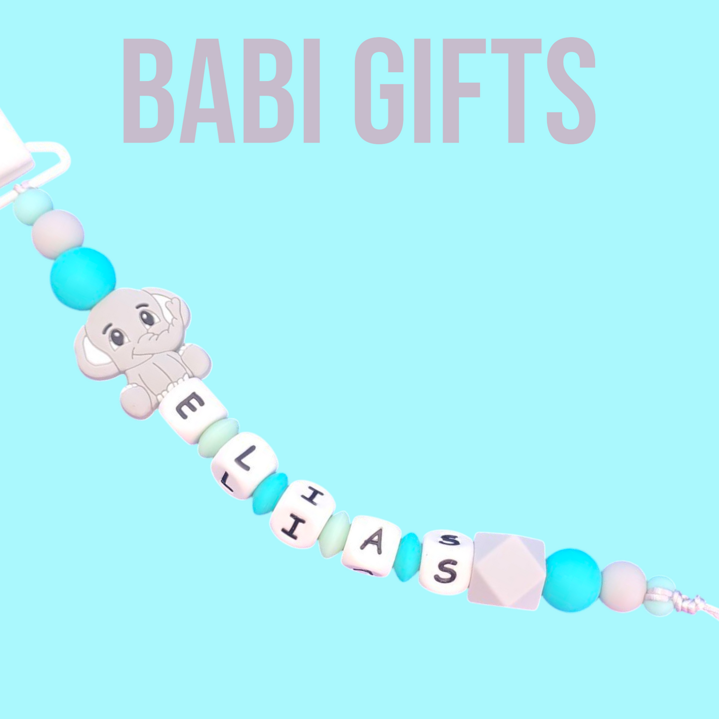 Elephant Dummy Clip & Teether – Personalised Baby Gift