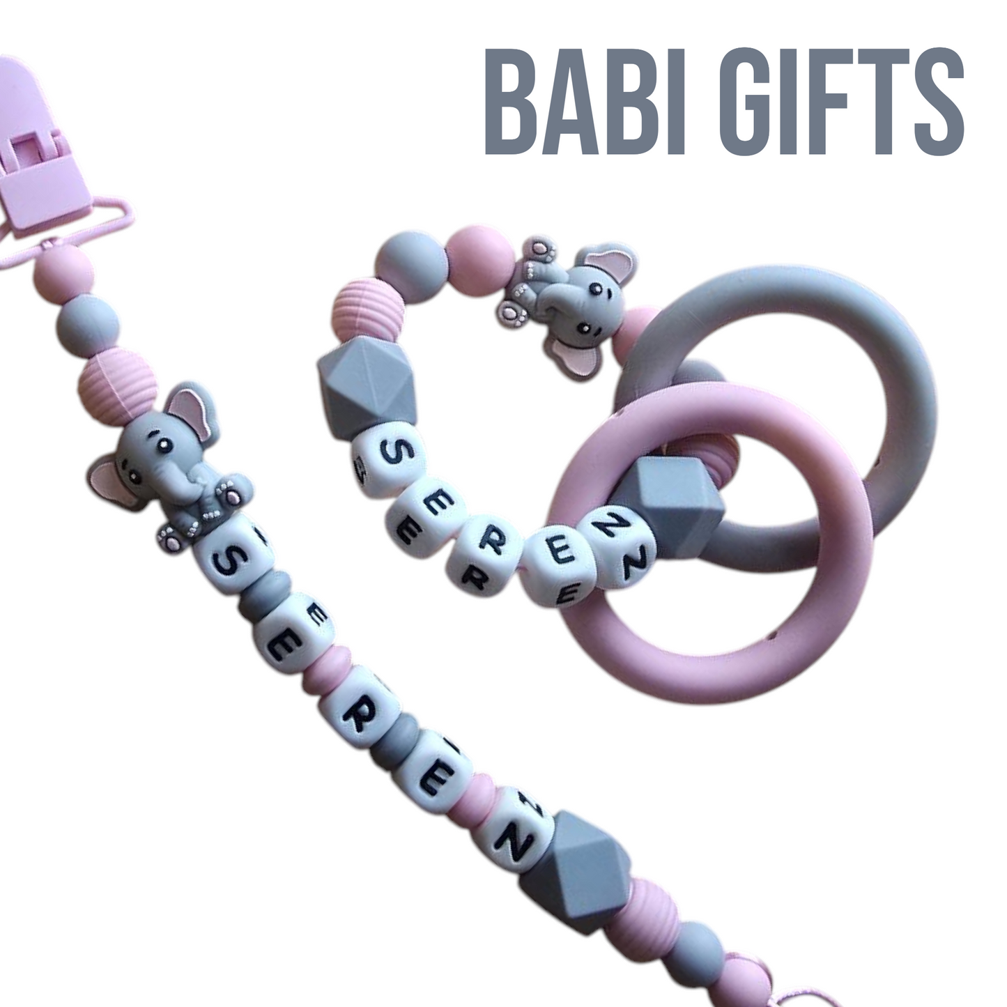 Elephant Dummy Clip and Teether Set – Pink & Grey Personalised Baby Gift