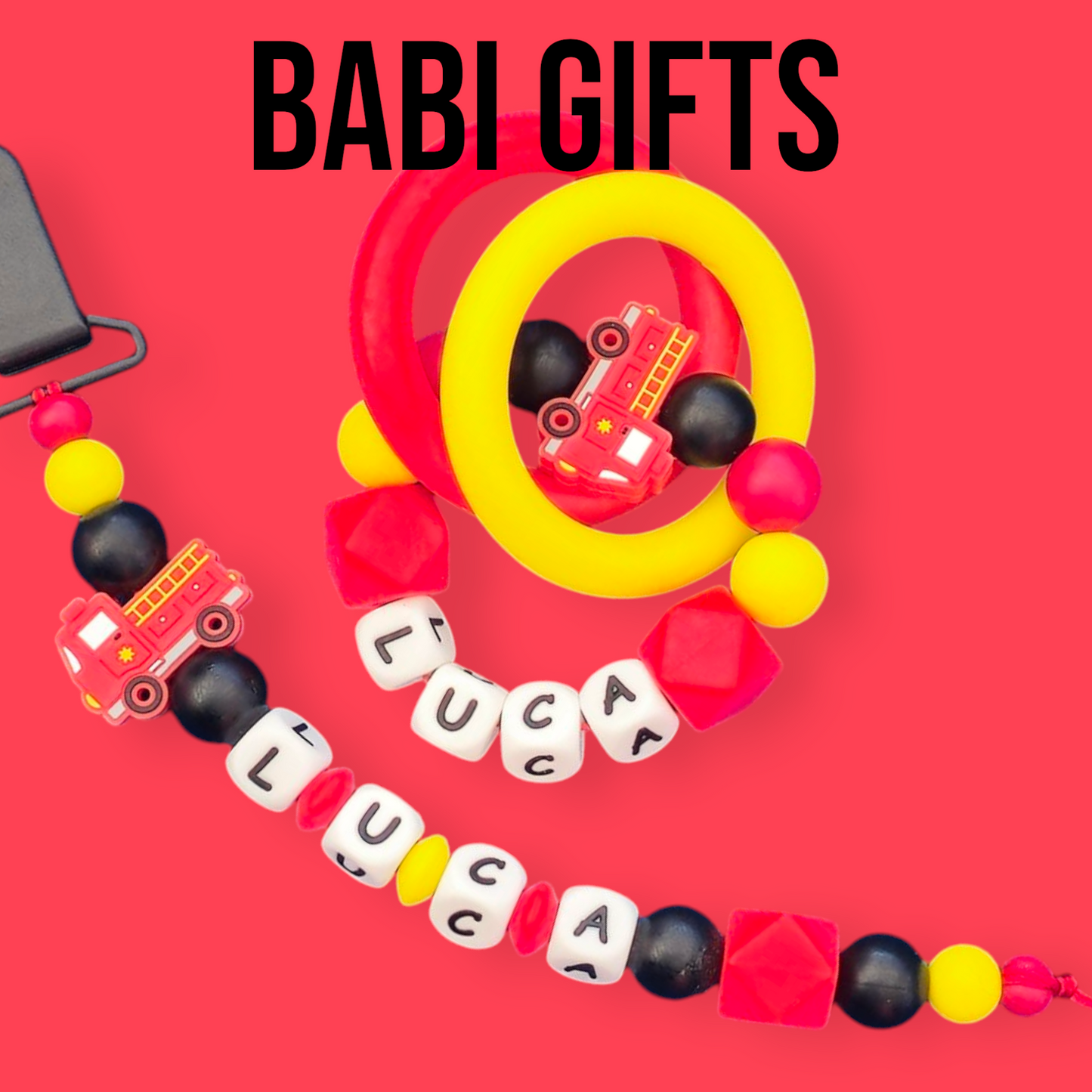 Fire Engine Dummy Clip – Bold Red Baby Teether Set