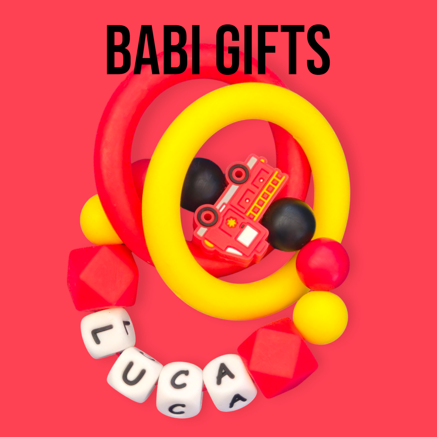 Fire Engine Dummy Clip – Bold Red Baby Teether Set