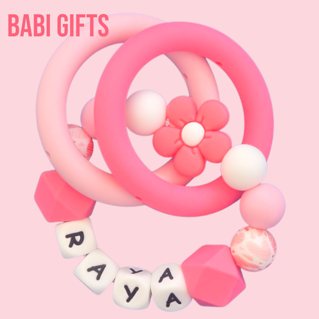 Dusky Pink Dummy Clip & Teether – Blush Floral Baby Gift