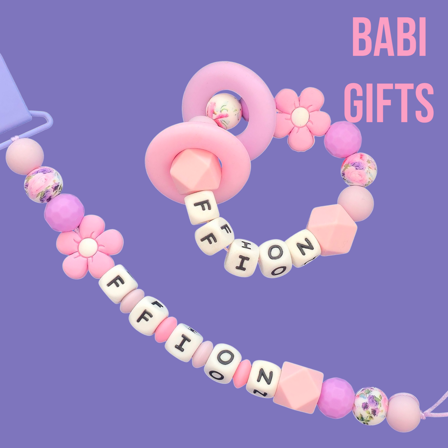 🌸 Floral Pink Flower Dummy Clip & Teether Set – Personalised Baby Girl Gift