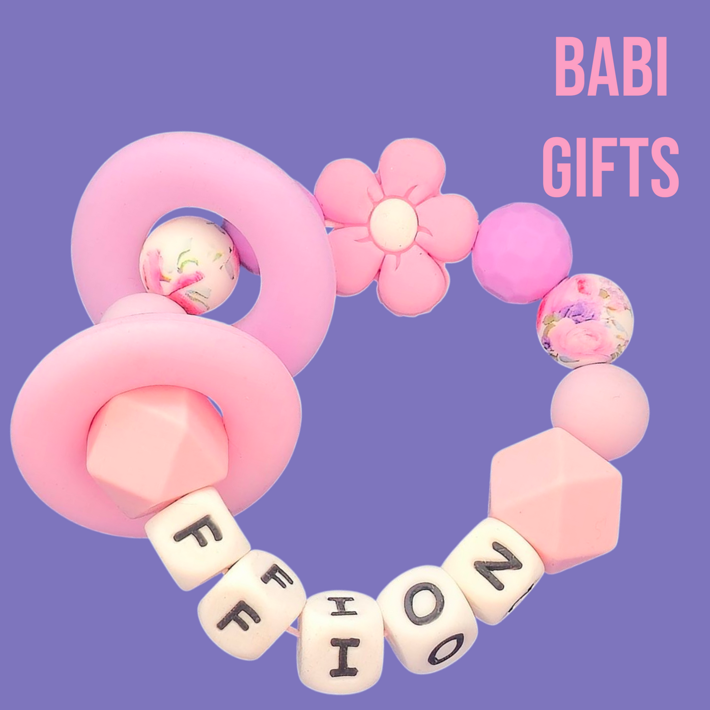 🌸 Floral Pink Flower Dummy Clip & Teether Set – Personalised Baby Girl Gift
