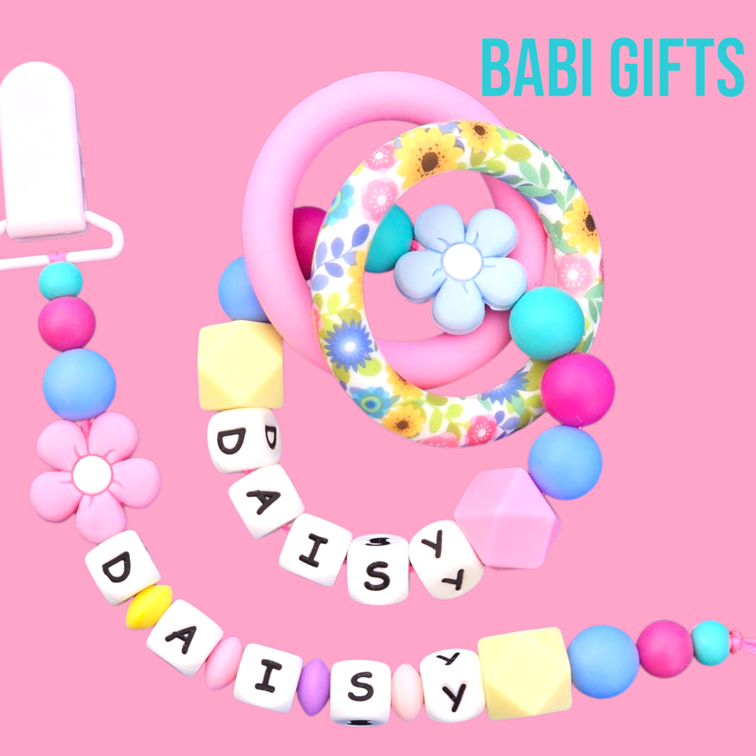 Floral Daisy Dummy Clip & Teether – With Butterfly Option