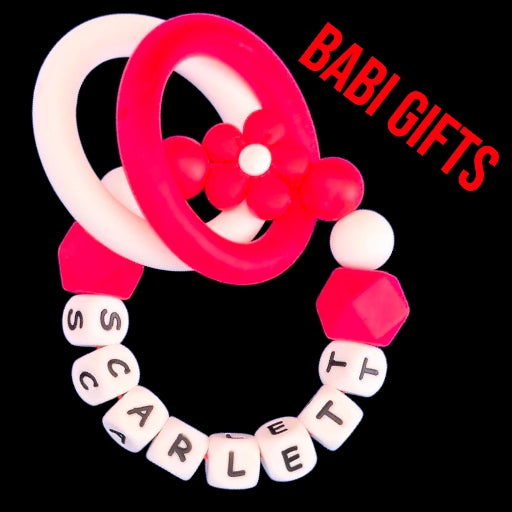 Red & White Flower Dummy Clip & Teether – Bold Baby Gift
