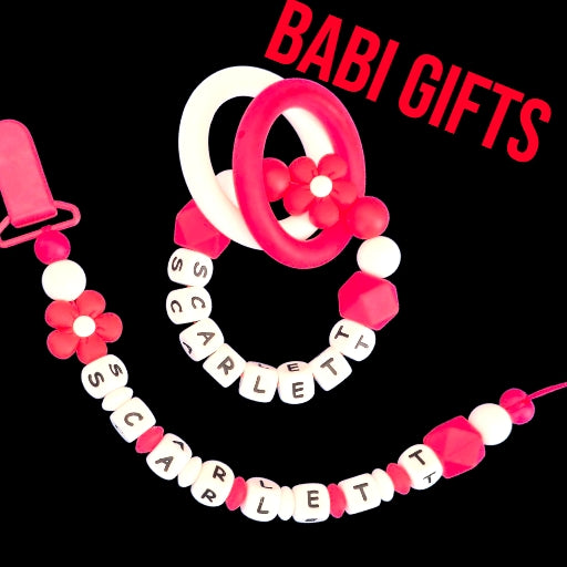Red & White Flower Dummy Clip & Teether – Bold Baby Gift