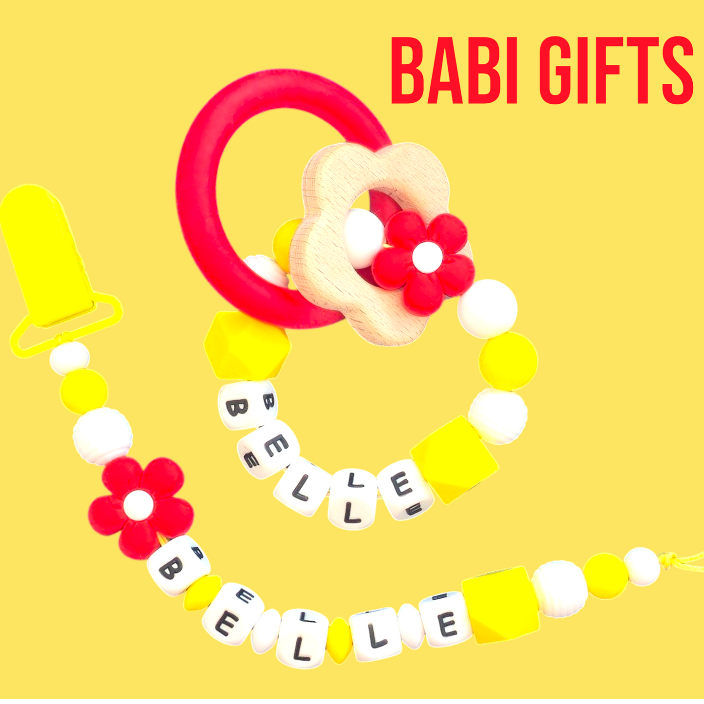 Belle Dummy Clip & Teether – Red & Yellow Princess Gift