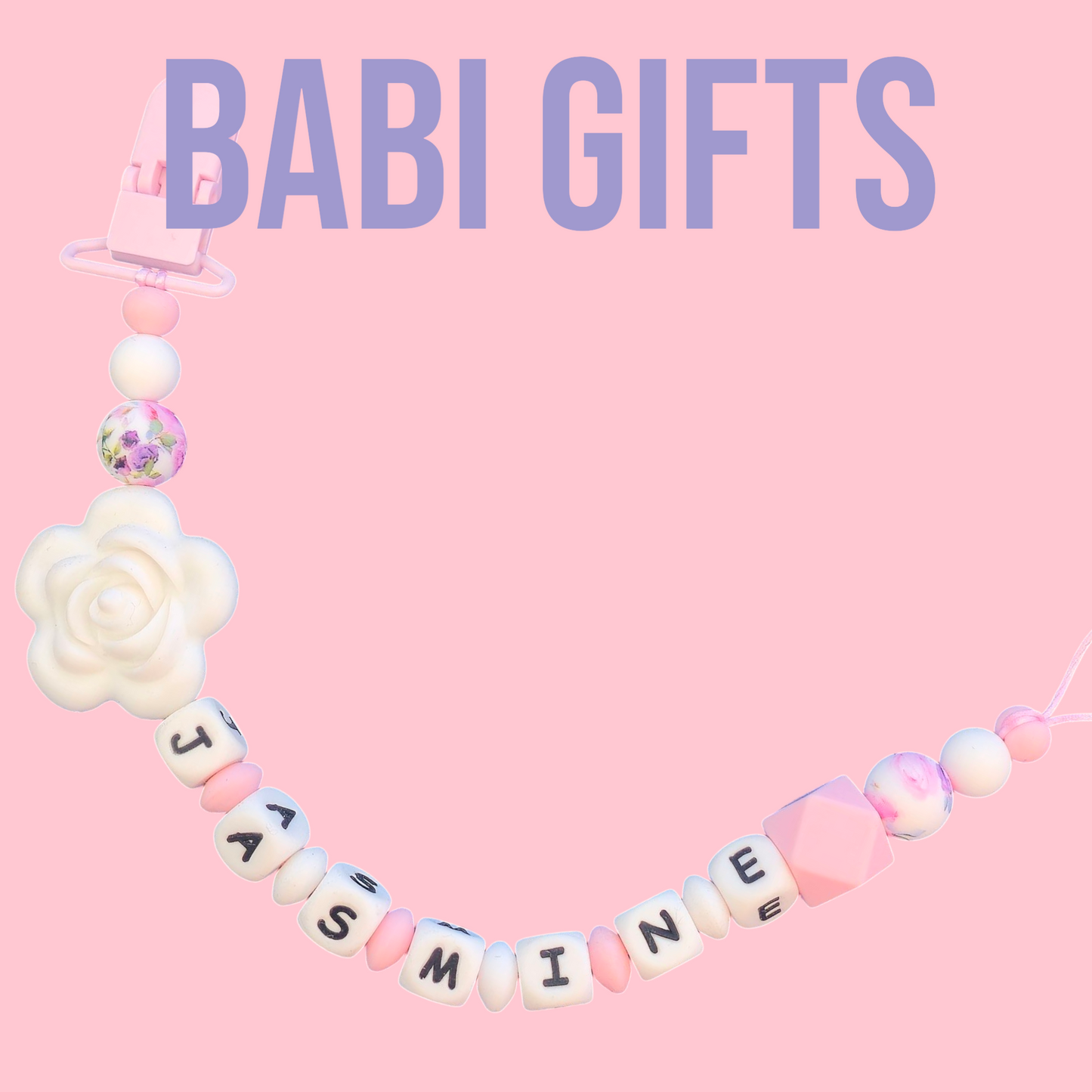 Floral Rose Dummy Clip & Teether – Personalised Baby Set