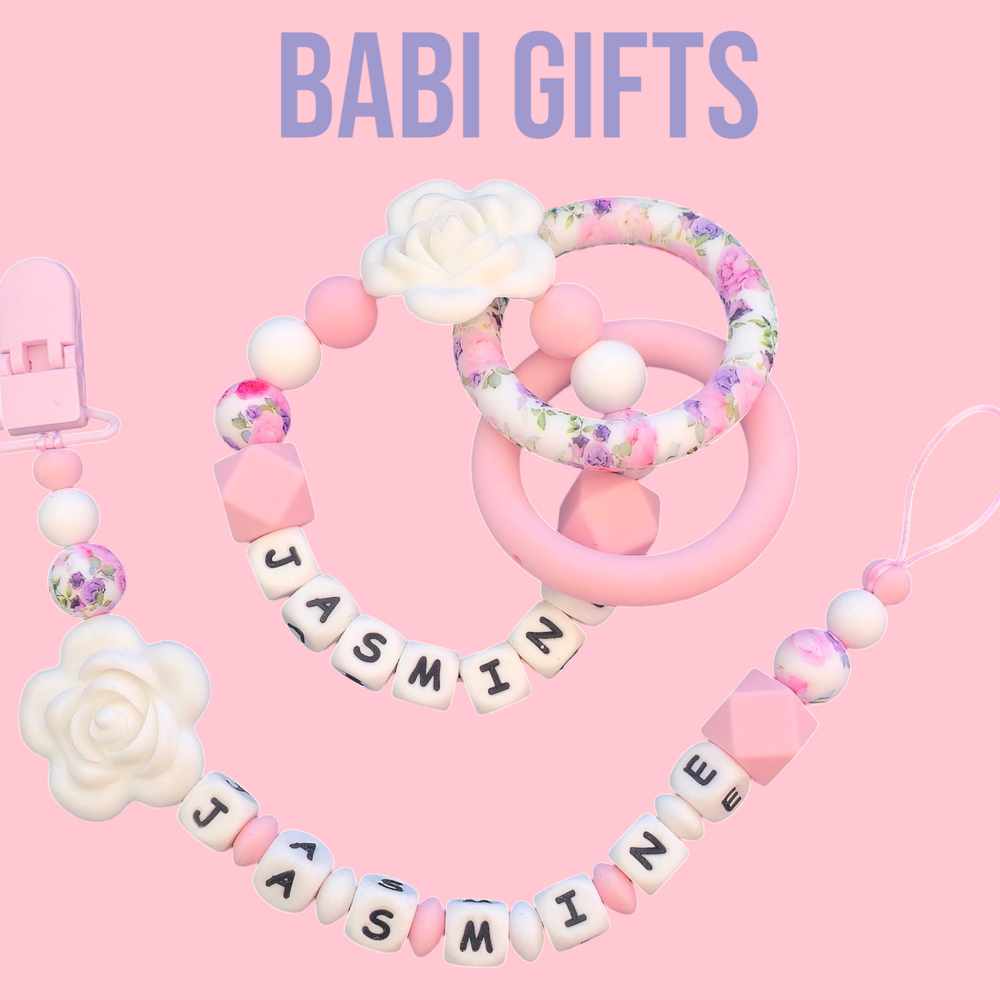 Floral Rose Dummy Clip & Teether – Personalised Baby Set