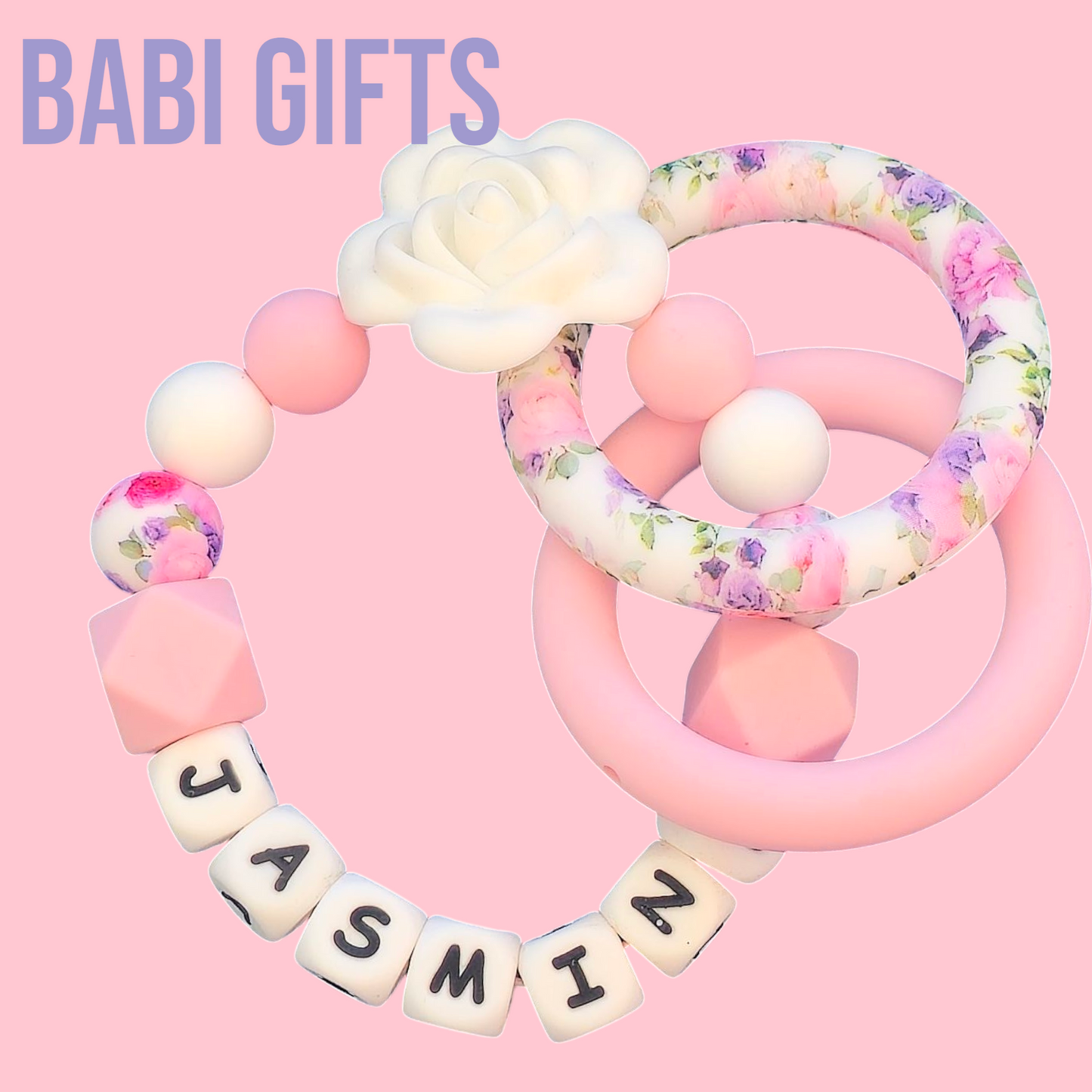 Floral Rose Dummy Clip & Teether – Personalised Baby Set