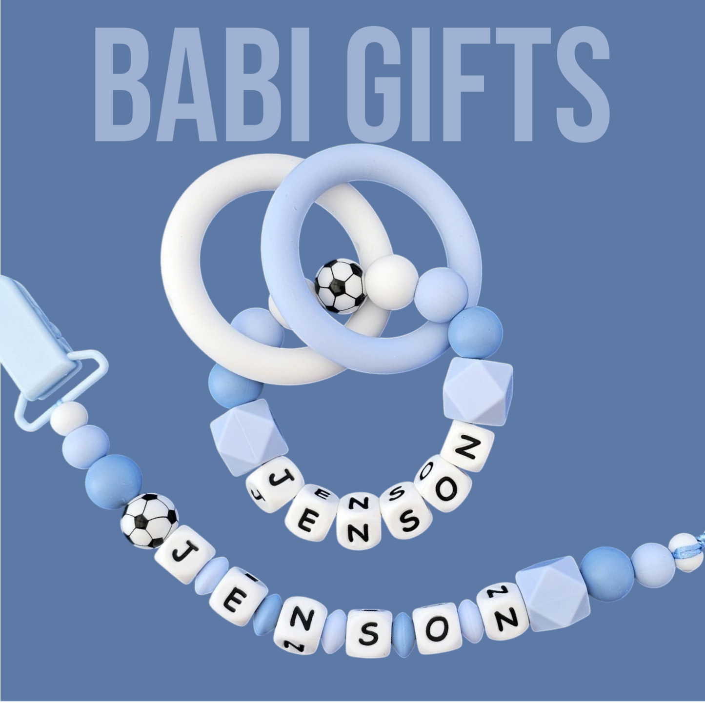 Football Dummy Clip – Blue Personalised Teether Set