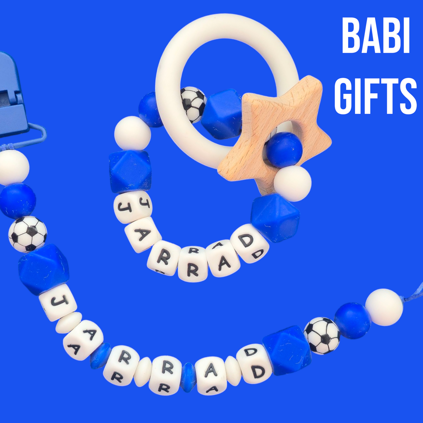 Royal Blue Football Dummy Clip & Teether Set – Personalised Chelsea/Everton Colours