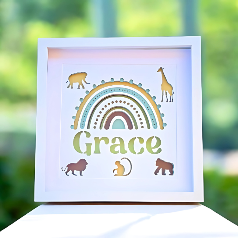 Personalised Nursery Rainbow Frame – Blue, Pink or Green Jungle Theme