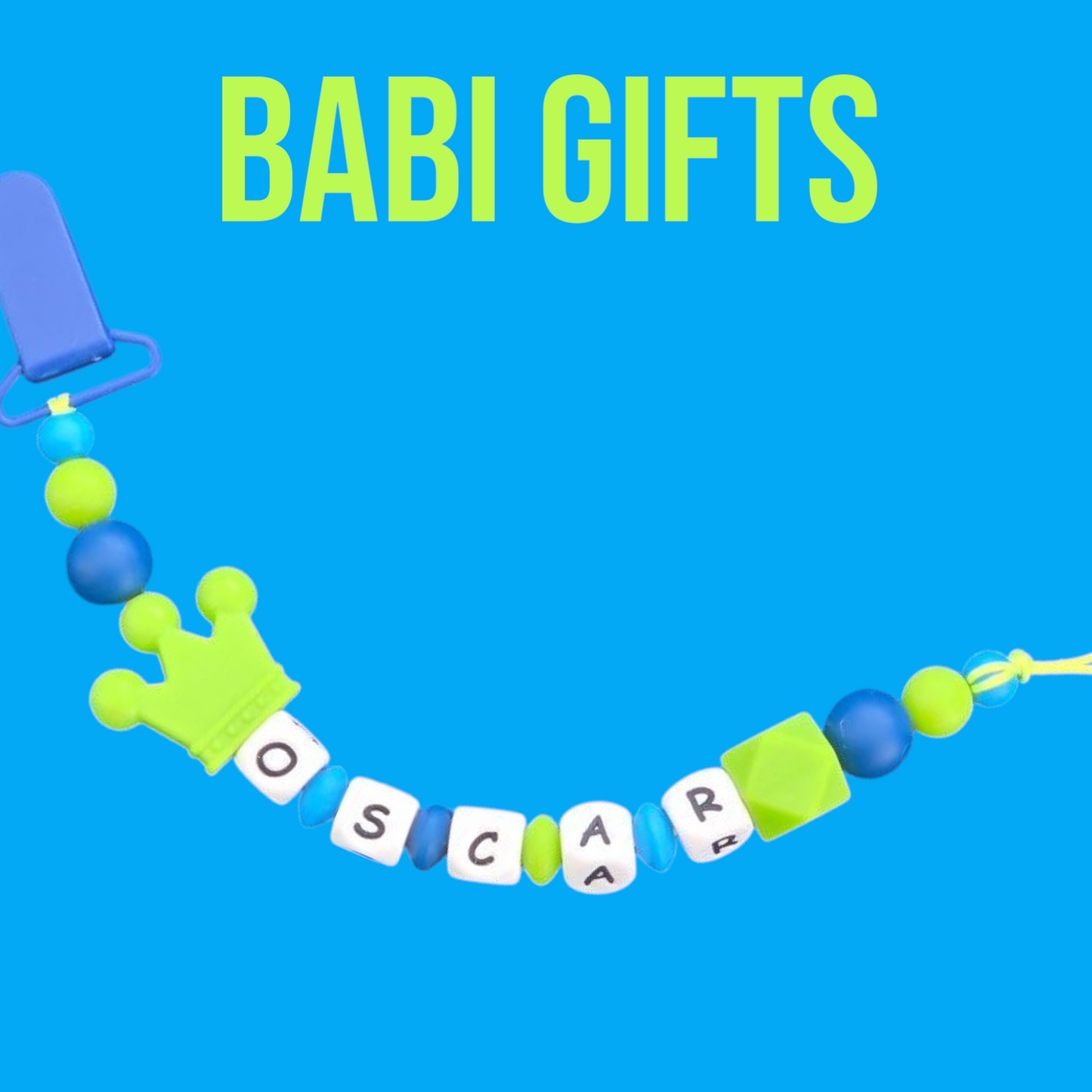 Lime Green Crown Dummy Clip – Personalised Teether Set