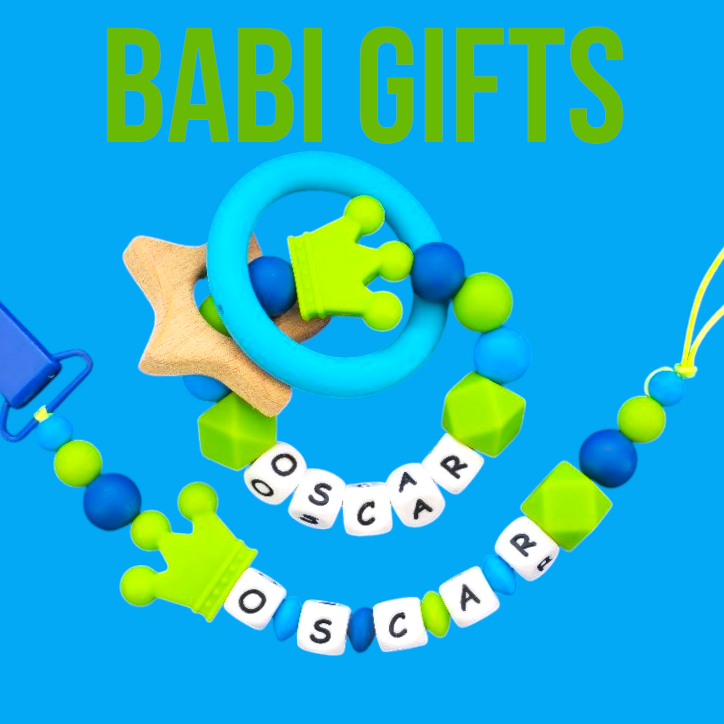 Lime Green Crown Dummy Clip – Personalised Teether Set