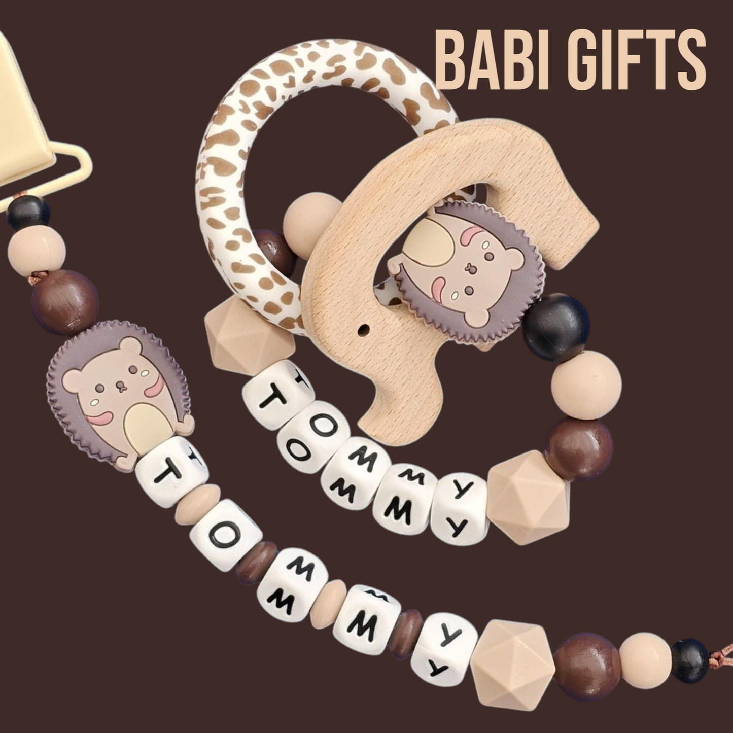Hedgehog Dummy Clip & Teether – Personalised Woodland Gift