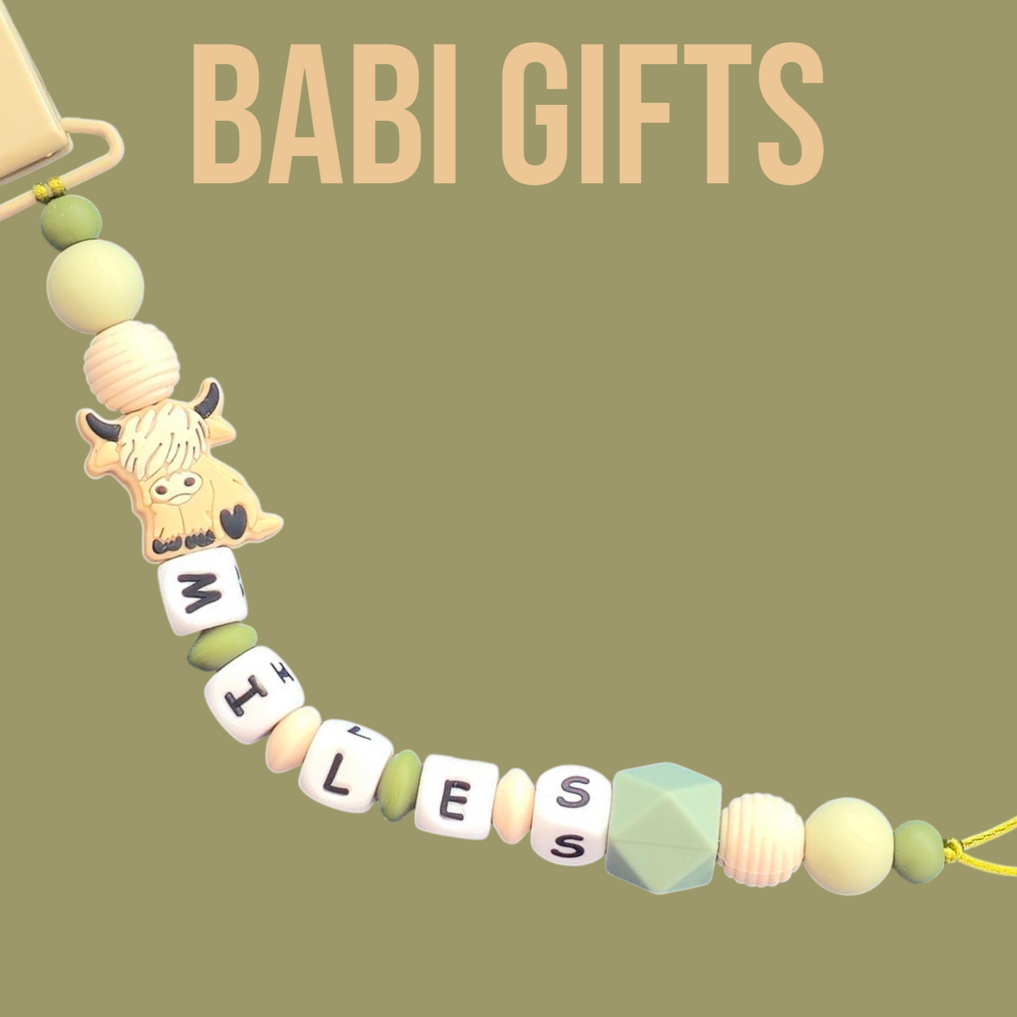 Highland Cow Dummy Clip – Personalised Green Baby Set