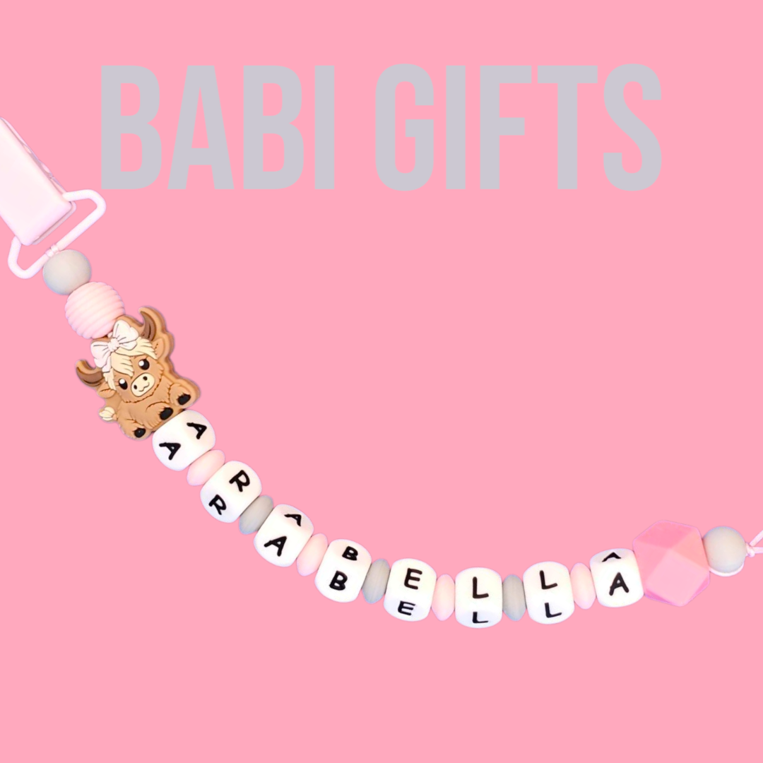Highland Cow Girl Dummy Clip – Pink Baby Gift Set