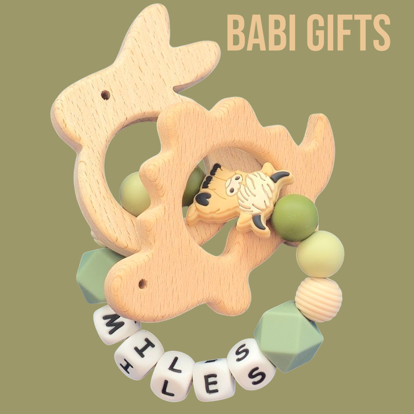 Highland Cow Dummy Clip – Personalised Green Baby Set