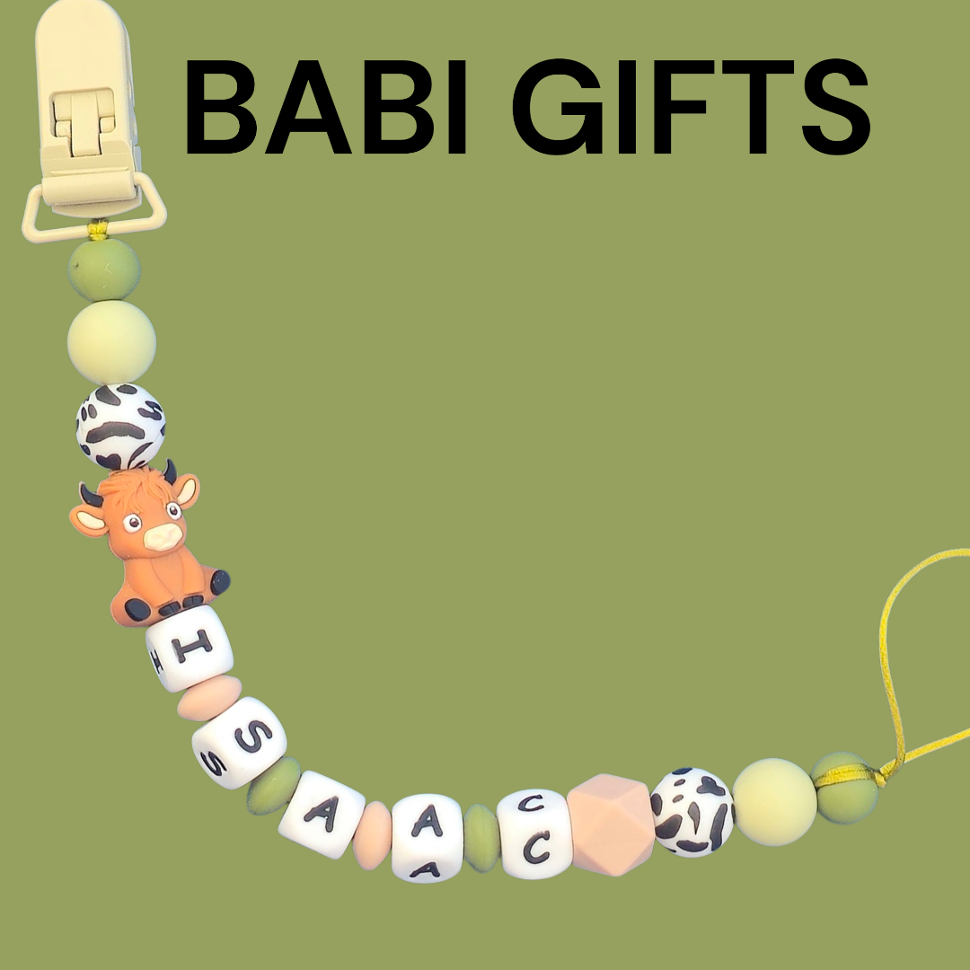 Highland Cow Dummy Clip and Teether Set – Black & Sage Personalised Gift