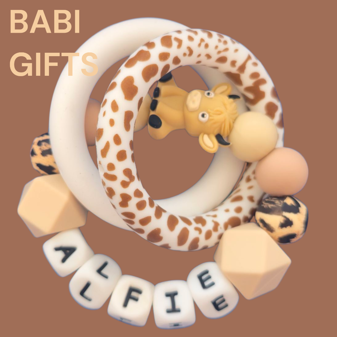 Light Highland Cow Dummy Clip and Teether Set – Personalised Baby Gift