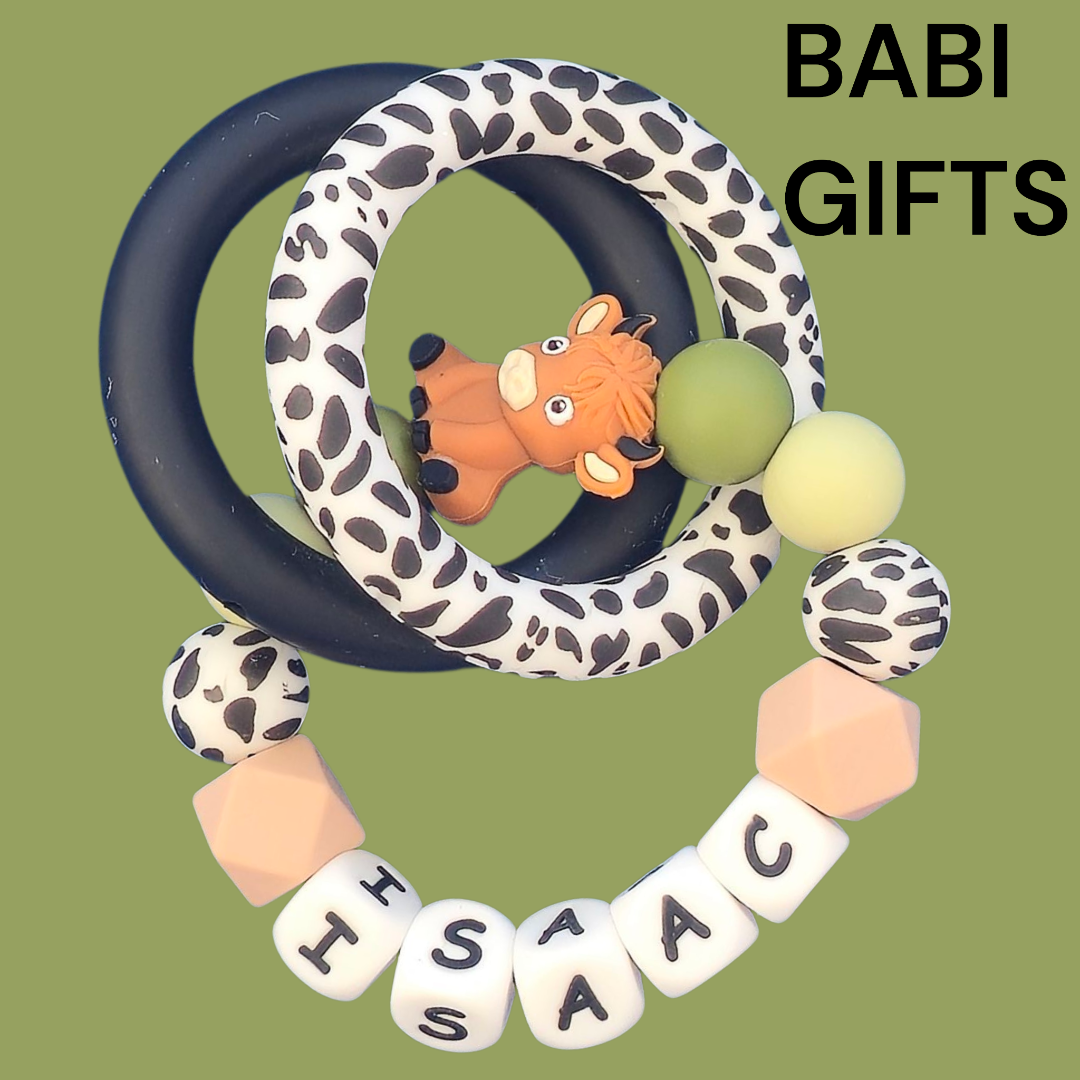 Highland Cow Dummy Clip and Teether Set – Black & Sage Personalised Gift