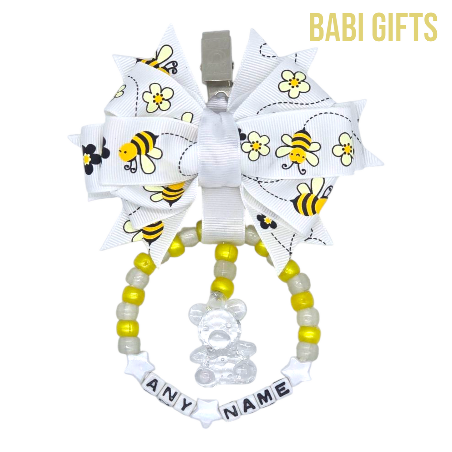 Bee Pram Charm β Personalised with Crystal Bear & Name Beads