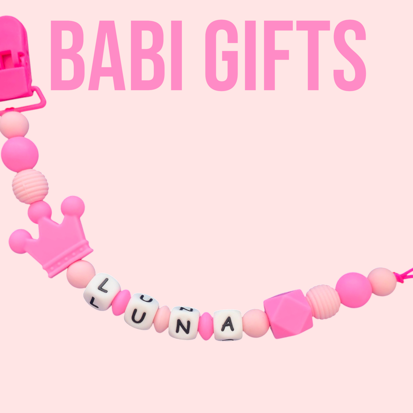 👑 Hot Pink Crown Dummy Clip & Teether Set – Personalised Baby Girl Gift