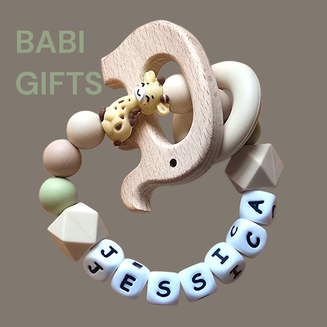 Giraffe Dummy Clip and Teether Set – Natural Sage Personalised Baby Gift