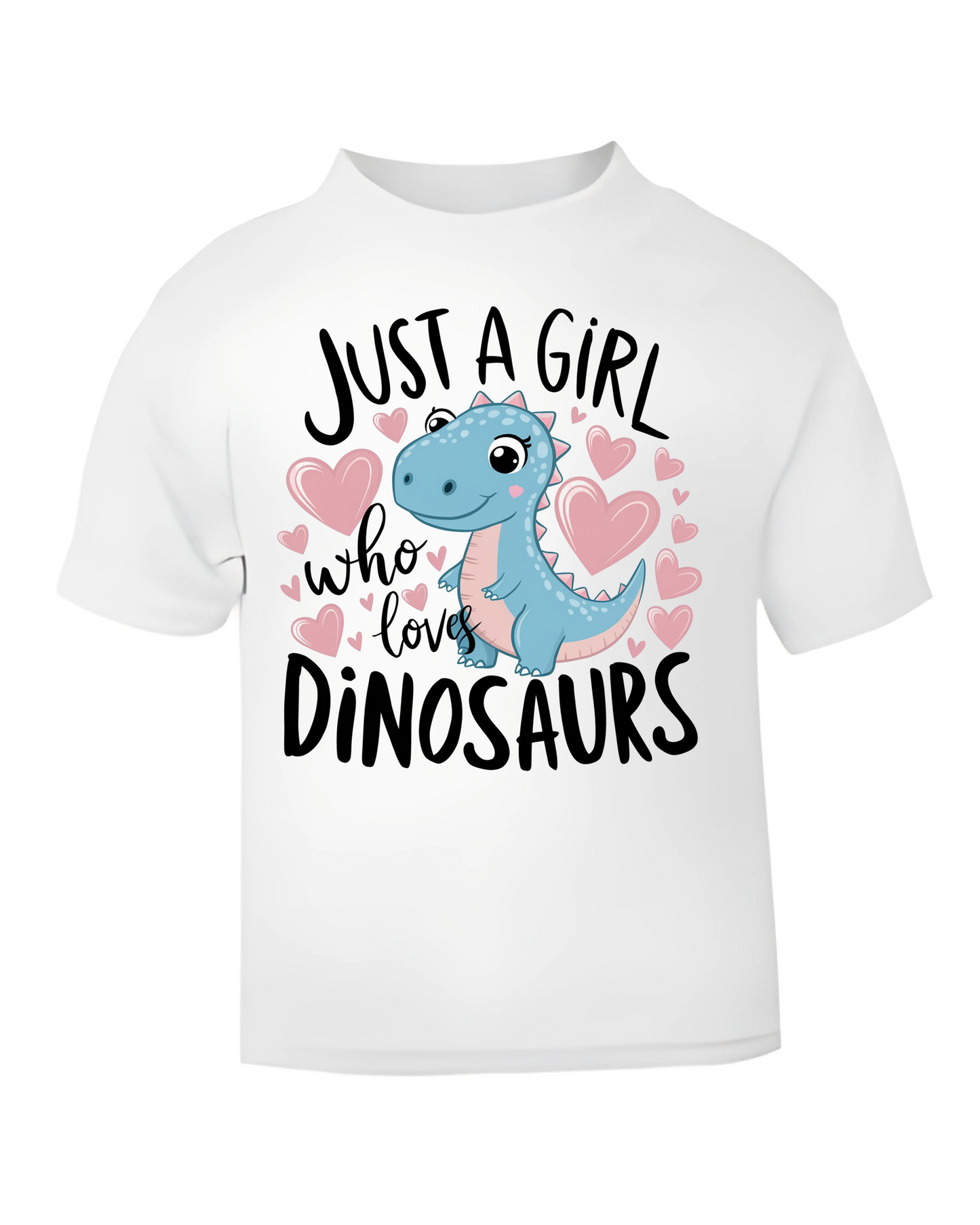 🦖 Just a Girl Who Loves Dinosaurs – Toddler & Kids Tee (1–6 Years) – Pink or White