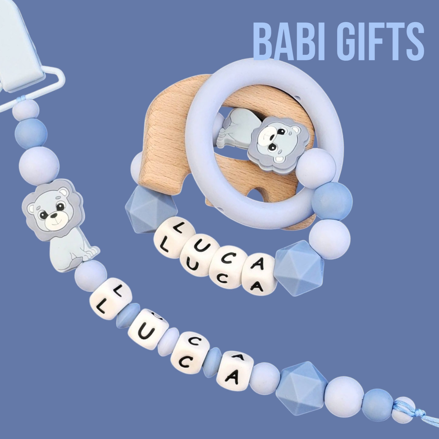 Blue Lion Dummy Clip & Teether – Cool Baby Gift Set