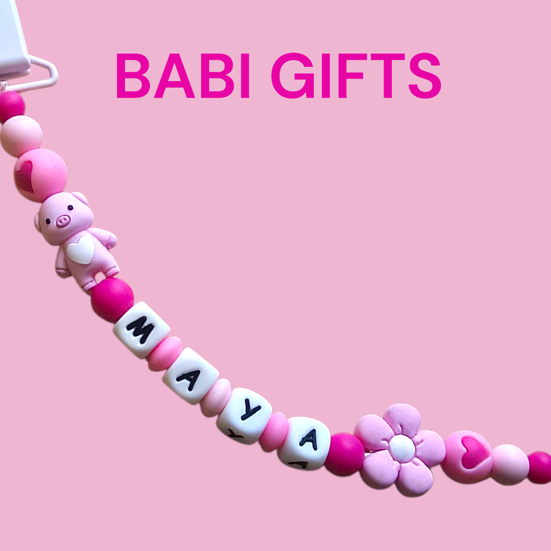 Piglet Dummy Clip and Teether Set – Pink Personalised Baby Gift with Hearts & Flowers