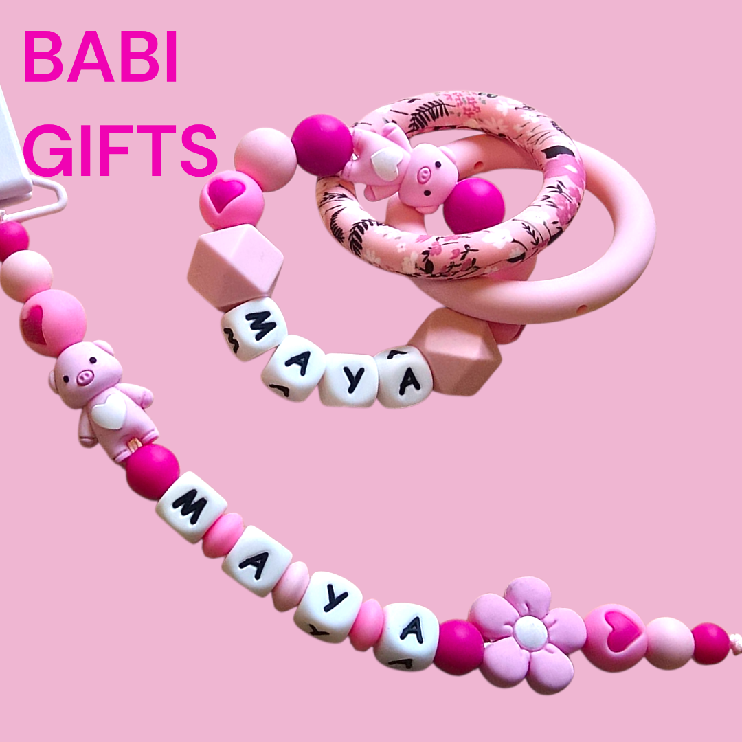 Piglet Dummy Clip and Teether Set – Pink Personalised Baby Gift with Hearts & Flowers