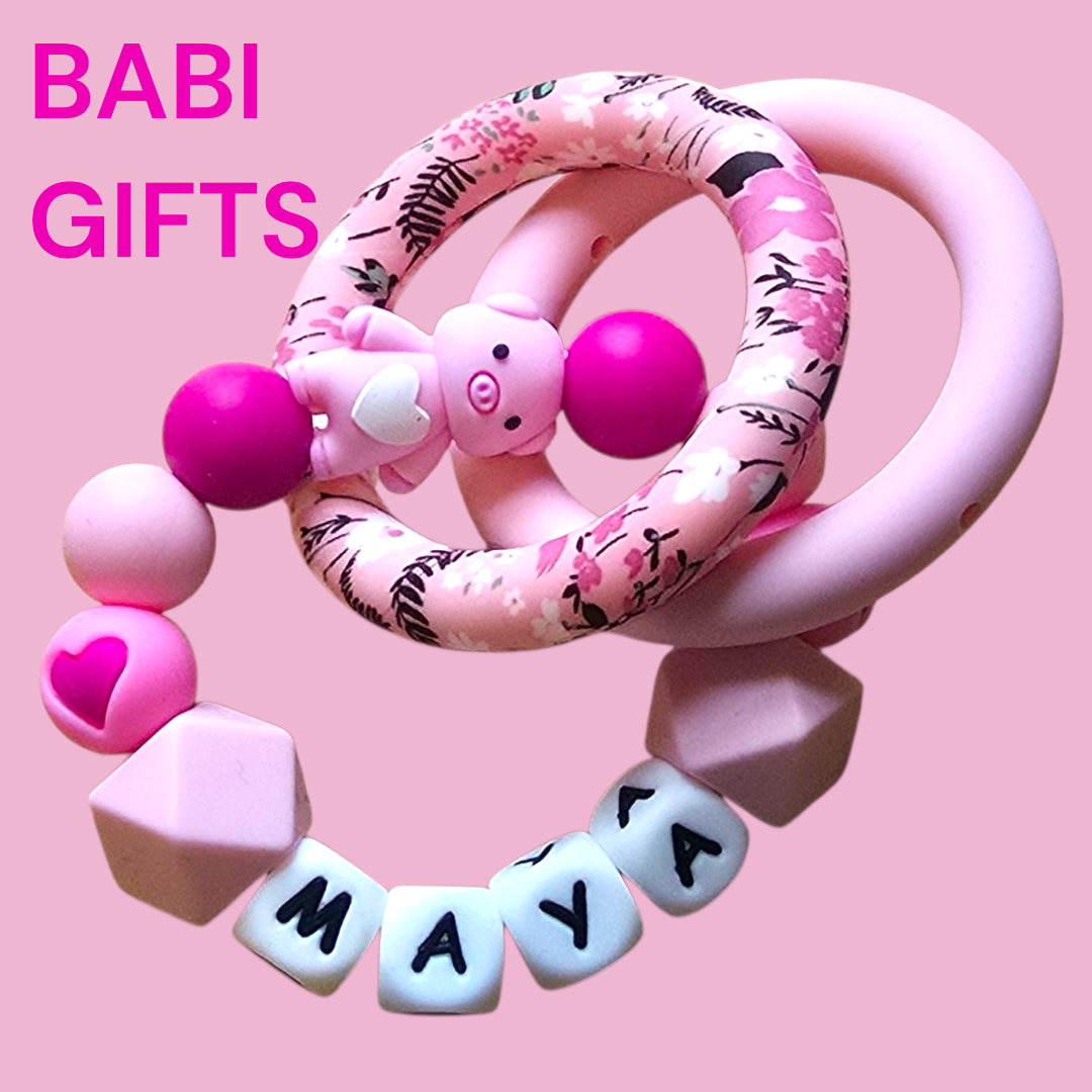 Piglet Dummy Clip and Teether Set – Pink Personalised Baby Gift with Hearts & Flowers